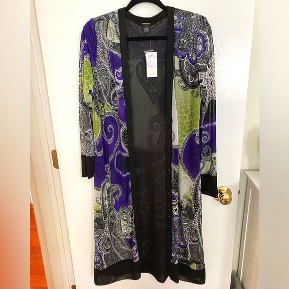 Chico's Black Label, Size 1 , Printed Mesh Cardigan, Woven Top Multi Color - Picture 2 of 13